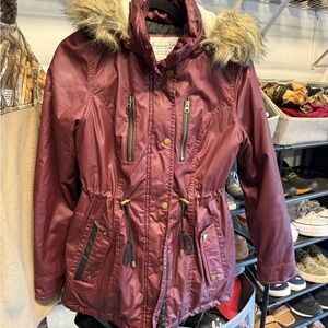 American Rag Maroon Utility Jacket with Faux Fur Hood